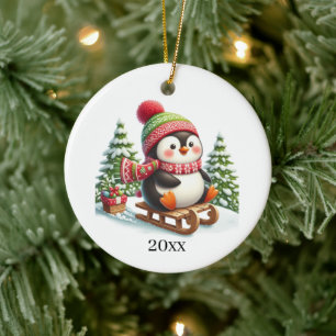 Cute penguin add date and message Christmas Ceramic Ornament