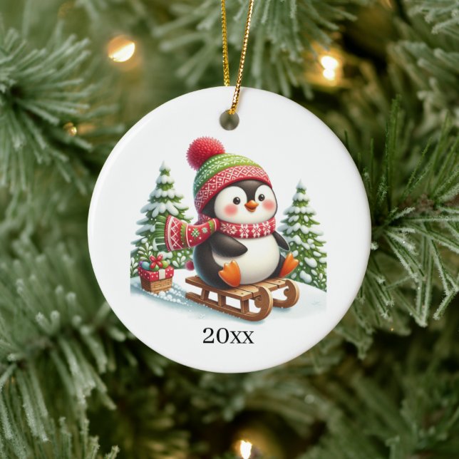 Cute penguin add date and message Christmas  Ceramic Ornament (Tree)