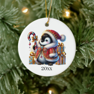 Cute penguin add date and message Christmas  Ceramic Ornament
