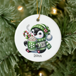 Cute penguin add date and message Christmas Ceramic Ornament