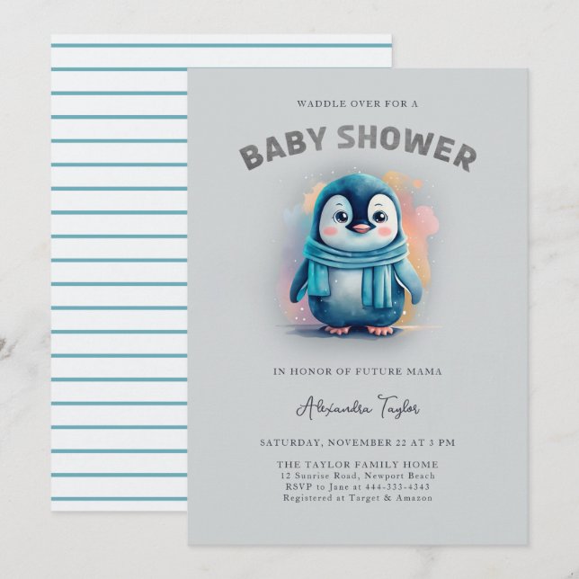 Cute Penguin Adorable Watercolor Boy Baby Shower Invitation (Front/Back)