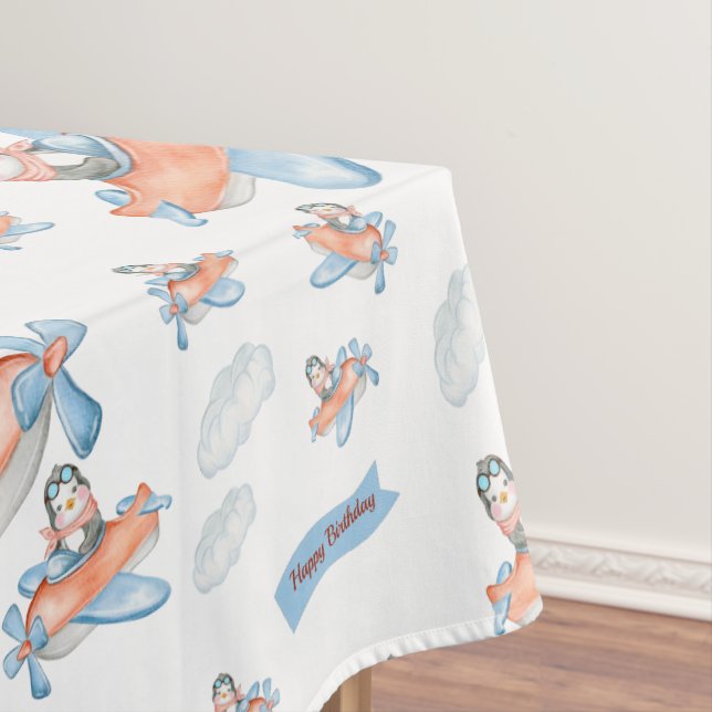 Cute Penguin Airplane Birthday Party Tablecloth (In Situ)