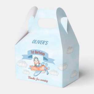 Cute Penguin Airplane Blue 1st Birthday Favor Box