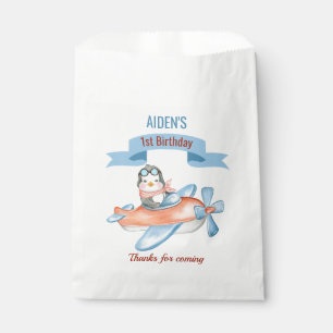 Cute Penguin Airplane Blue 1st Birthday Favour Bag