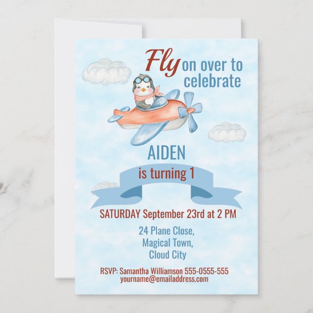 Cute Penguin Airplane Blue 1st Birthday Invitation (Front)