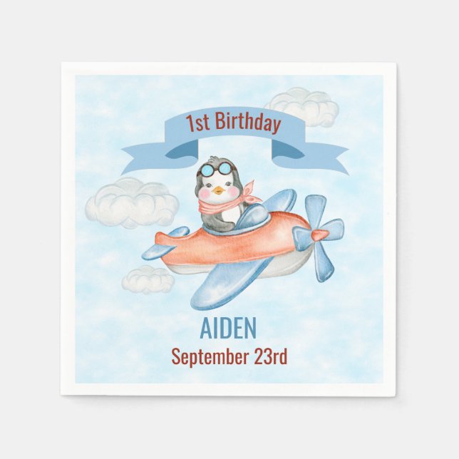 Cute Penguin Airplane Blue 1st Birthday Napkin (Front)