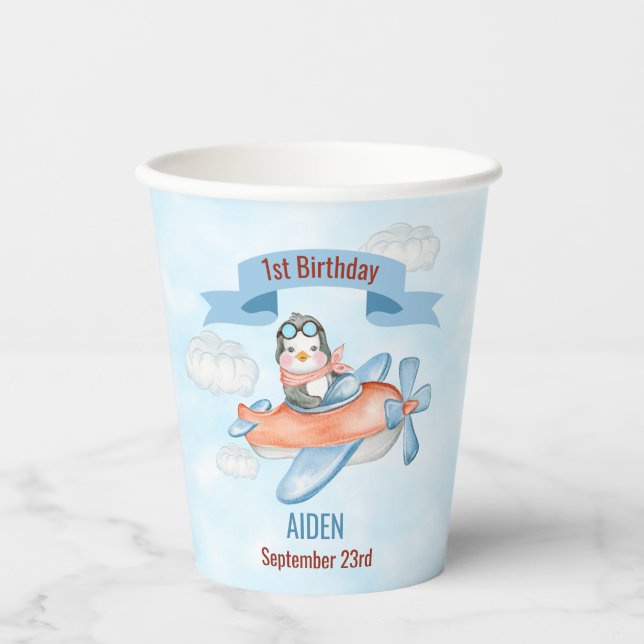 Cute Penguin Airplane Blue 1st Birthday Paper Cups (Front)