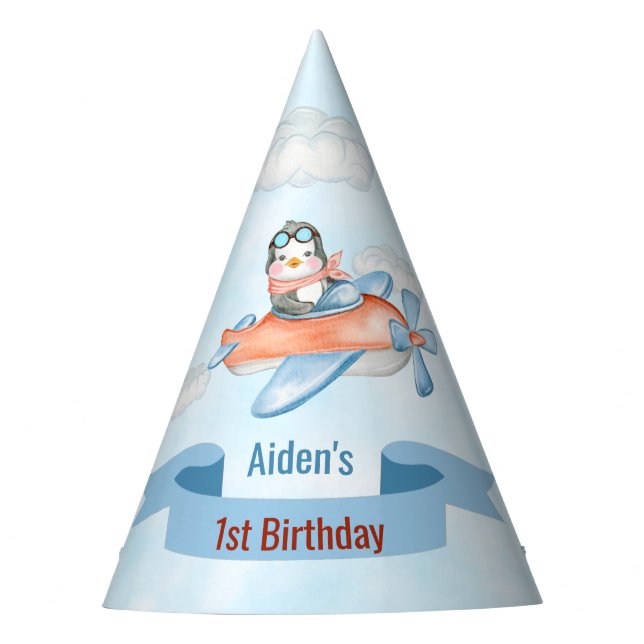 Cute Penguin Airplane Blue 1st Birthday Party Hat (Front)