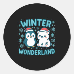 Cute Penguin And Lar Bear Winter Wonderland Christ Classic Round Sticker
