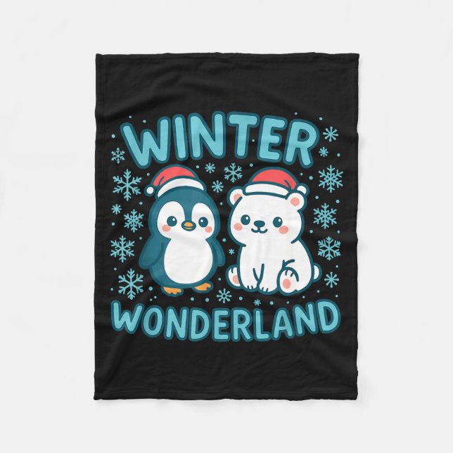 Cute Penguin And Lar Bear Winter Wonderland Christ Fleece Blanket (Front)