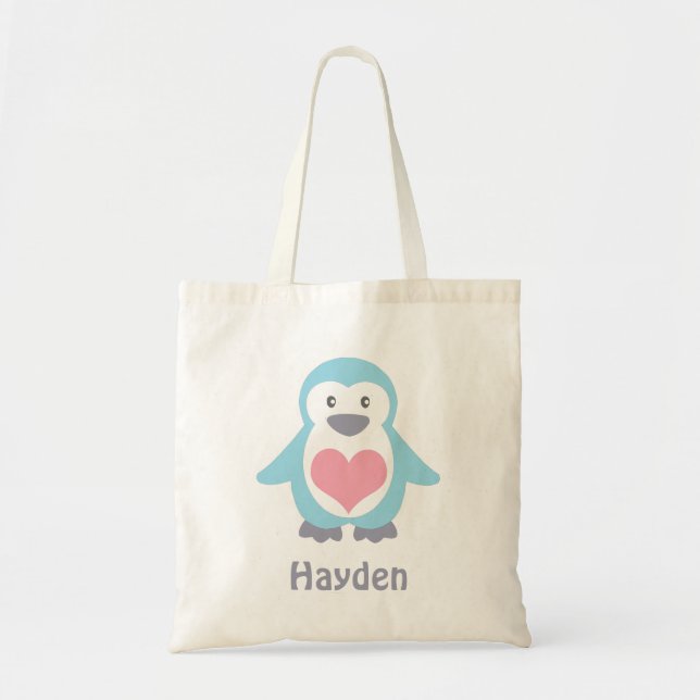 Cute Penguin and Pink Heart Personalised Tote Bag (Front)