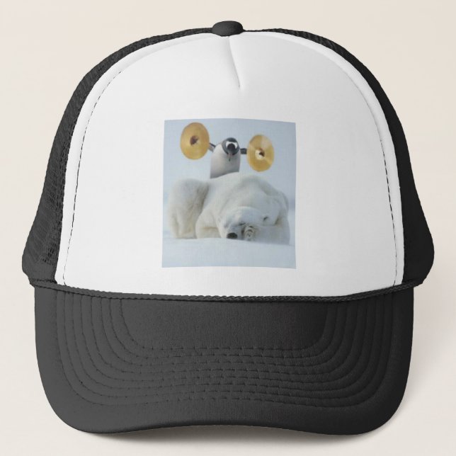 Cute penguin and polar bear with cymbals in snow trucker hat (Front)