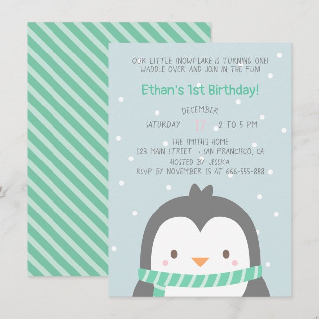 Cute Penguin and Scarf Birthday Party Invitations (Front/Back)