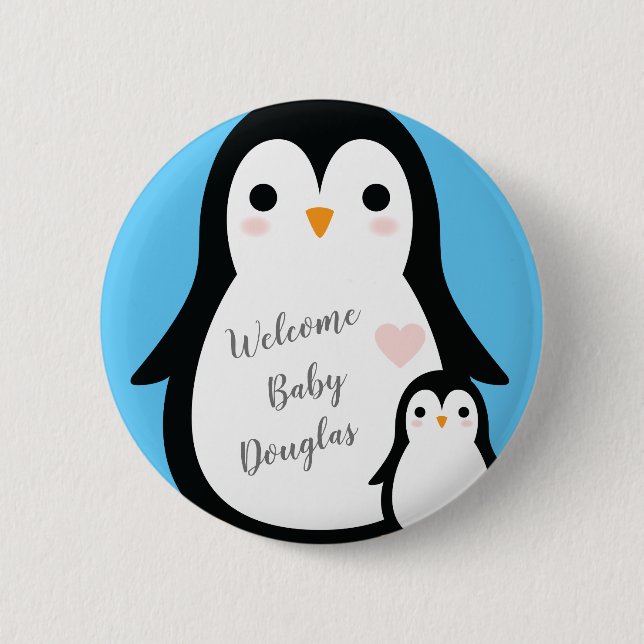 Cute Penguin Baby Shower Blue Boy 2 Inch Round Button (Front)