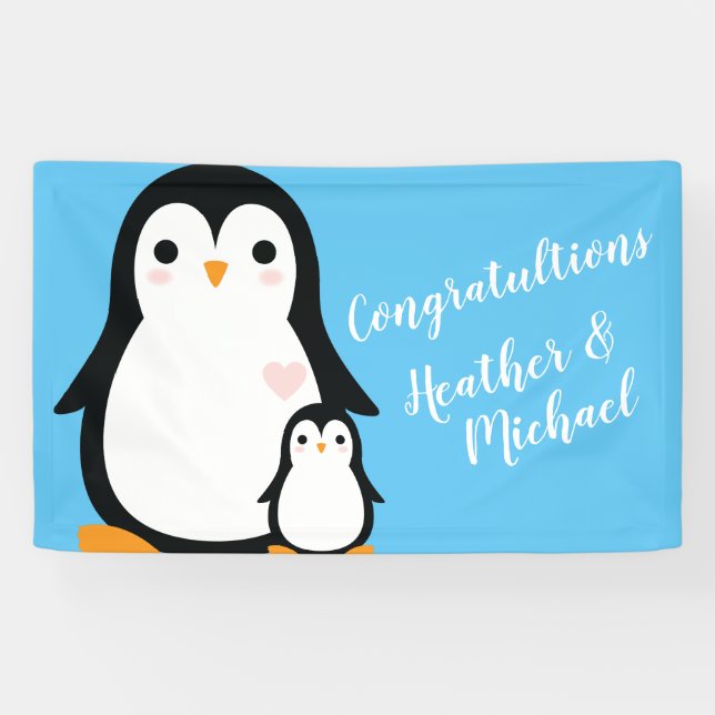 Cute Penguin Baby Shower Blue Boy Banner (Horizontal)