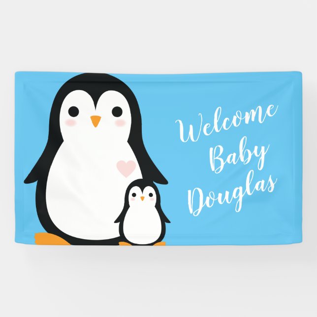Cute Penguin Baby Shower Blue Boy Banner (Horizontal)