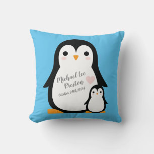 Cute Penguin Baby Shower Blue Boy Throw Pillow