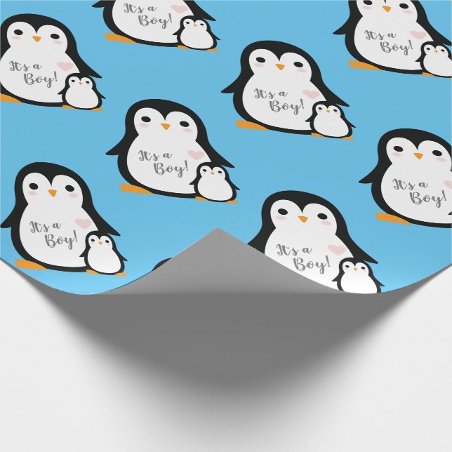 Cute Penguin Baby Shower Blue Boy Wrapping Paper (Corner)