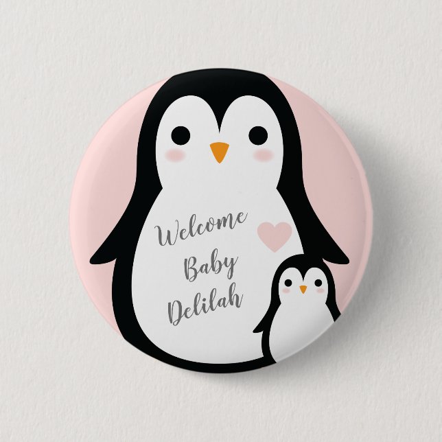 Cute Penguin Baby Shower Pink Girl 2 Inch Round Button (Front)