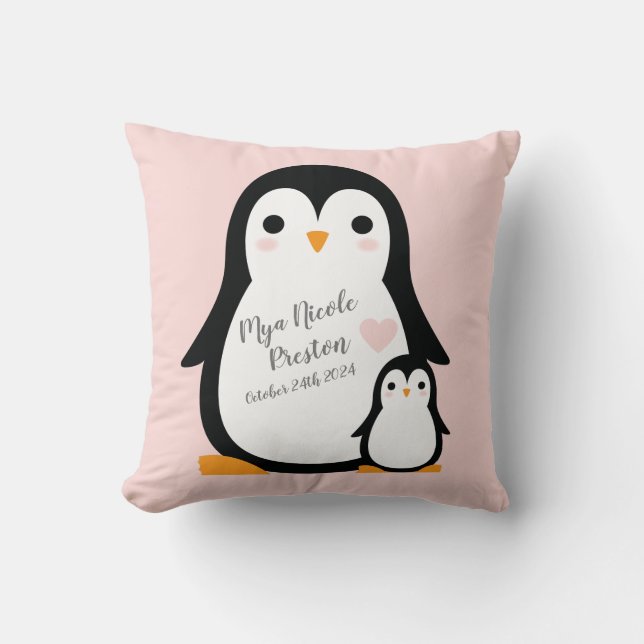 Cute Penguin Baby Shower Pink Girl Throw Pillow (Front)