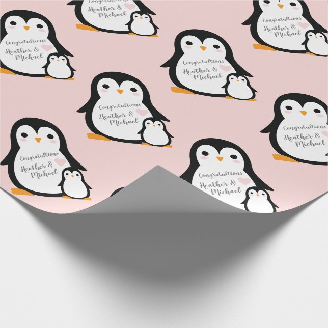 Cute Penguin Baby Shower Pink Girl Wrapping Paper (Corner)
