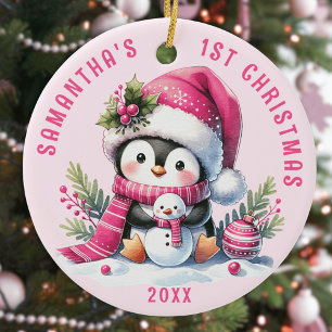 Cute Penguin Babys 1st Christmas Personalized Pink Ceramic Ornament