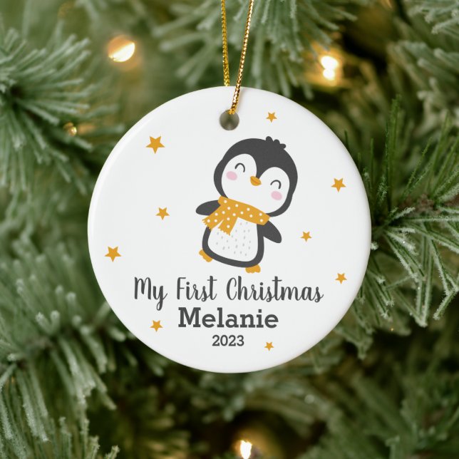 Cute penguin baby's first christmas on white ceram ceramic ornament (Tree)
