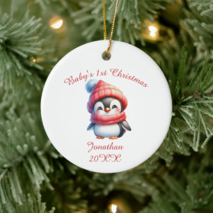 Cute Penguin Baby's First Personalized Ceramic Ornament