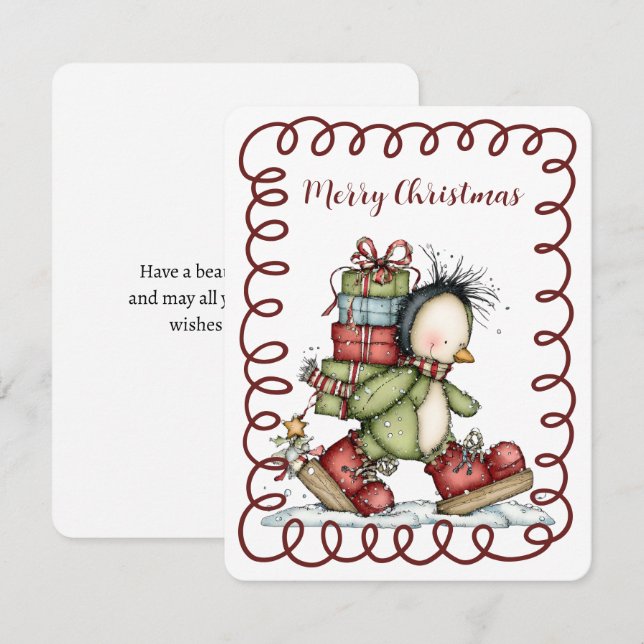 Cute Penguin Backpacking A Load of Christmas Gifts Holiday Card (Front/Back)