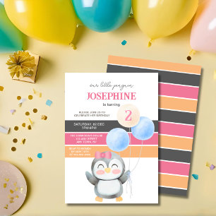 Cute Penguin Balloon Girl Birthday Invitation