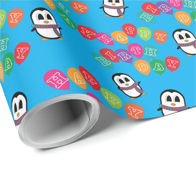 Cute Penguin & Balloons Birthday Wrapping Paper (Roll Corner)
