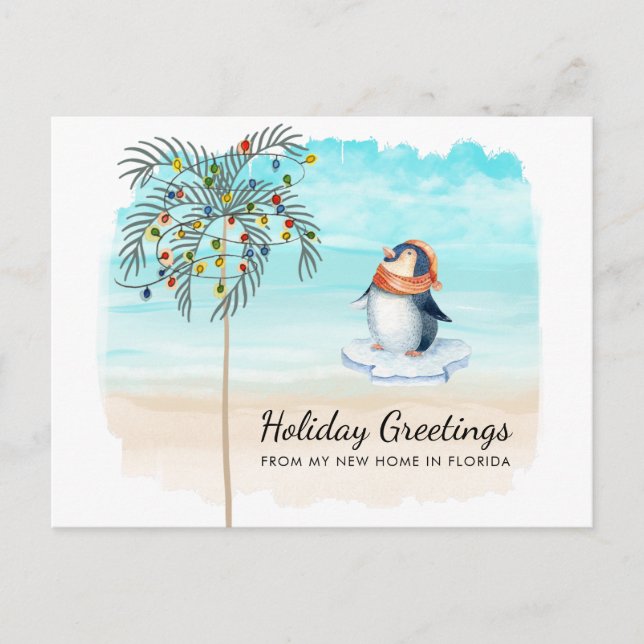 Cute Penguin Beach Scene Palm Tree Holiday Moving Announcement Postcard (Front)