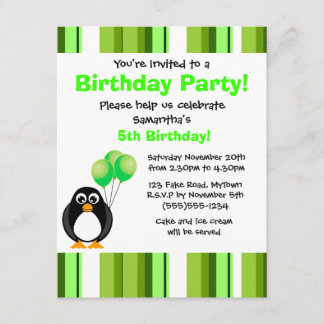 Cute Penguin Birthday Green Party Invitation