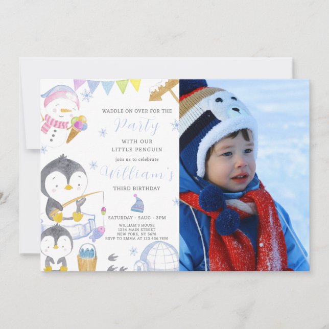 Cute Penguin Birthday Invitation With Photo (Front)