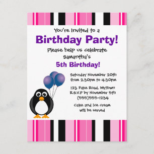 Cute Penguin Birthday Pink Purple Party Invitation