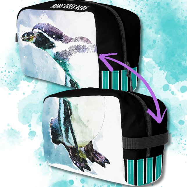 Cute Penguin Black and Teal Watercolor Travel Dopp Kit (Cute Penguin Watercolor Style Custom Name Toiletry Bag is perfect for travel, vacation, or every day)