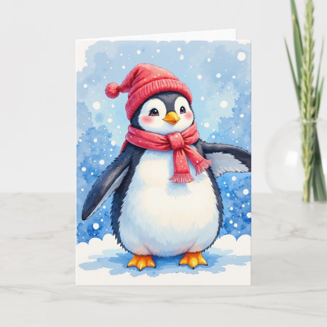 Cute Penguin Blank Holiday Greeting Card (Front)