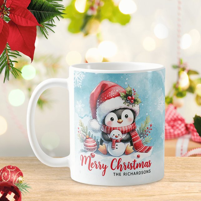 Cute Penguin Blue and Red Merry Christmas Coffee Mug (Creator Uploaded)