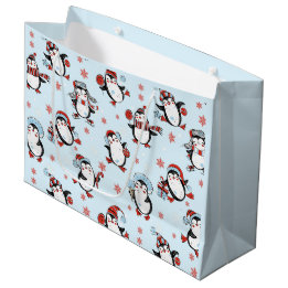 Cute Penguin Blue Christmas Large Gift Bag