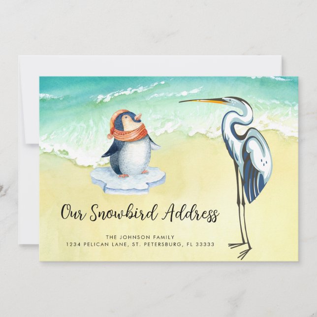 Cute Penguin Blue Heron Beach Snowbird Address Announcement (Front)