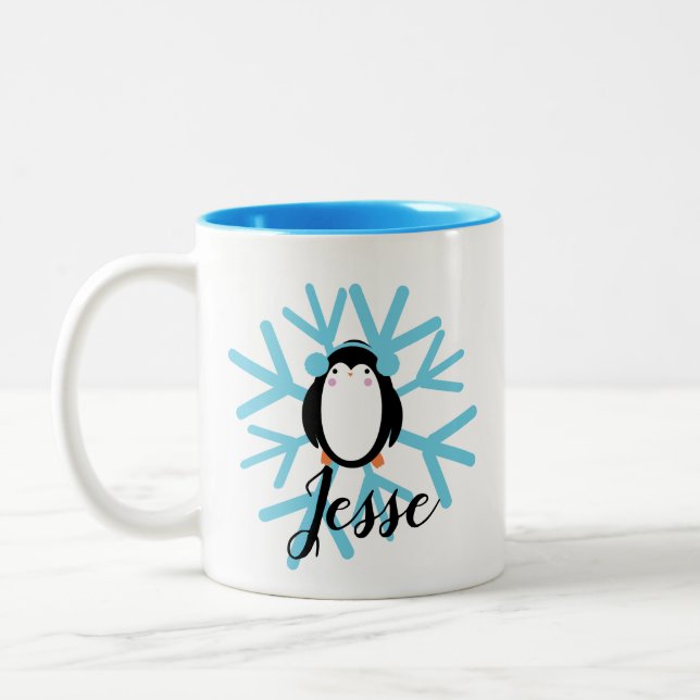 Cute Penguin Blue Snowflake Custom Name Christmas Two-Tone Coffee Mug (Left)