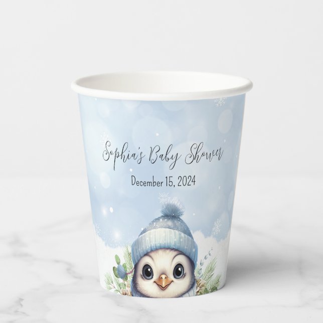 Cute Penguin Blue Winter Snow Baby Shower Paper Cups (Back)