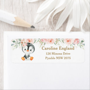 Cute Penguin Blush Floral Return Address Label