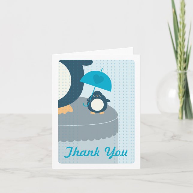 Cute Penguin Boy Blue Thank You Note Card (Front)