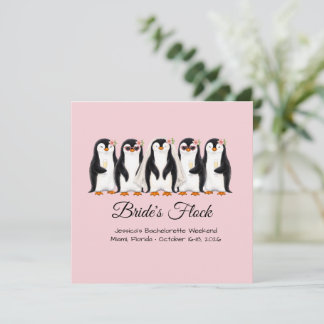 Cute Penguin Bride's Flock Pink Bachelorette Invitation