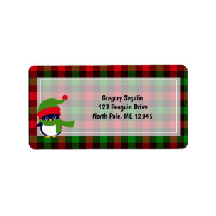 Cute Penguin / Buffalo Plaid / Red Green Christmas Label