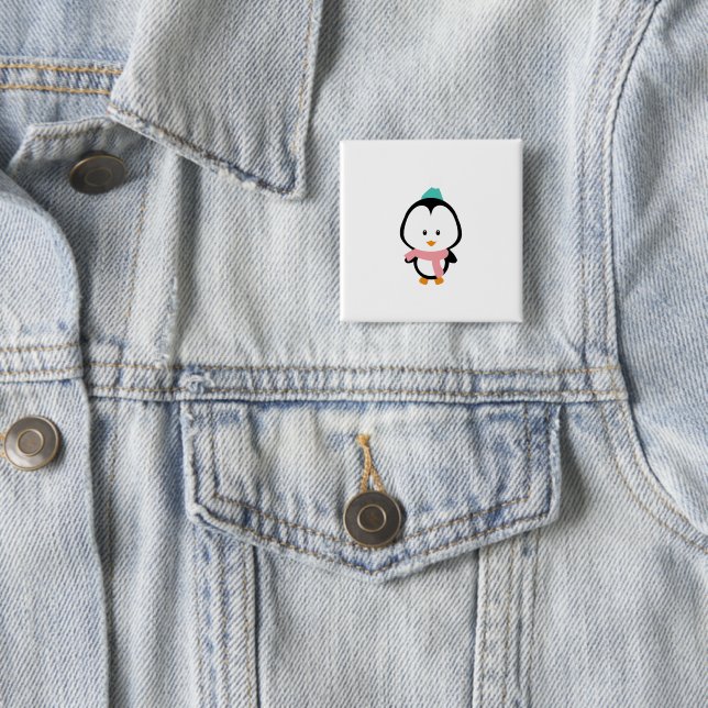 Cute penguin cartoon 2 inch square button (In Situ)