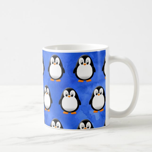 Cute Penguin Cartoon Blue Watercolor Coffee Mug (Right)
