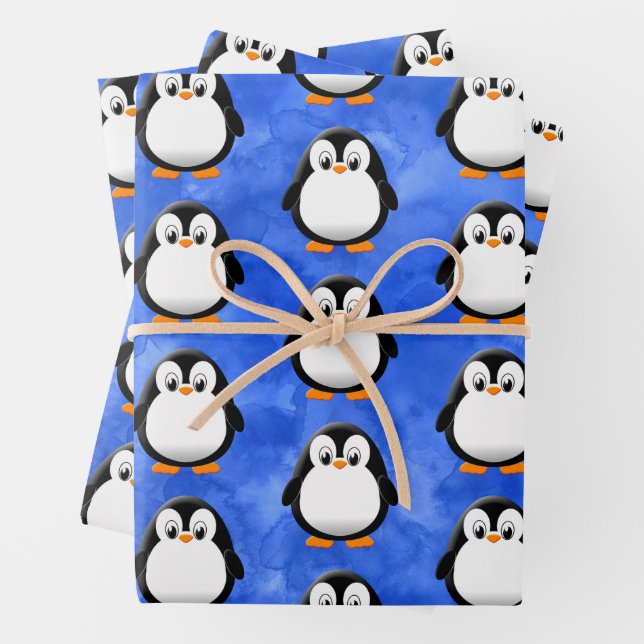 Cute Penguin Cartoon Blue Watercolor Wrapping Paper Sheet (In situ)