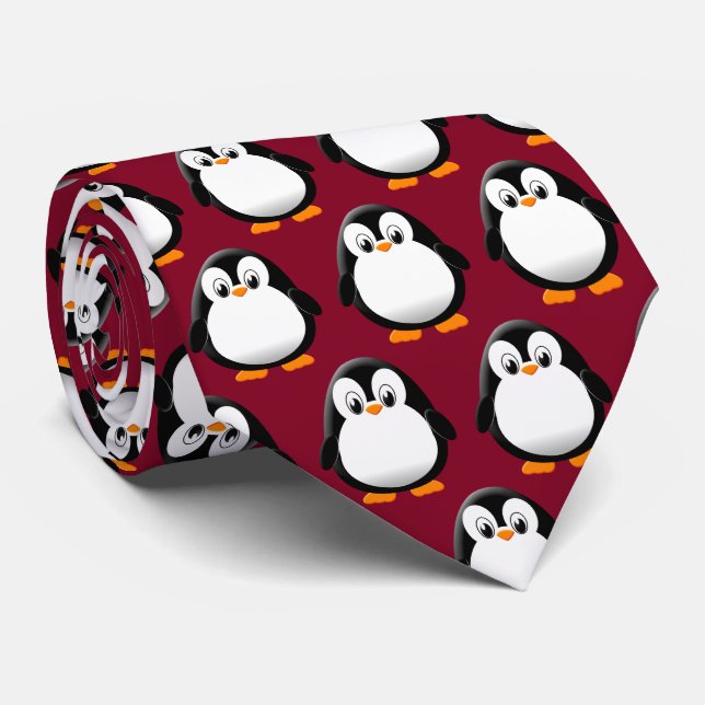 Cute Penguin Cartoon Burgundy  Tie (Rolled)